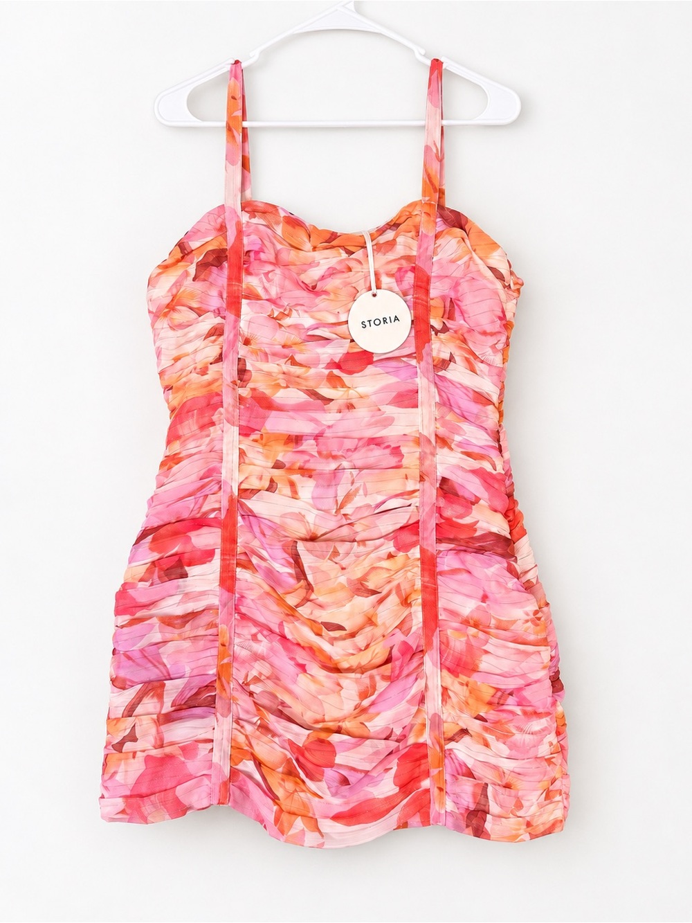 NWT Storia Pink Orange Floral Ruched Mini Dress Spaghetti Strap